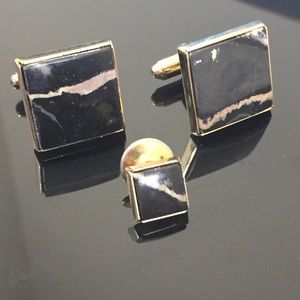 Black Marble Stone Anson Cufflinks & Tie Tack